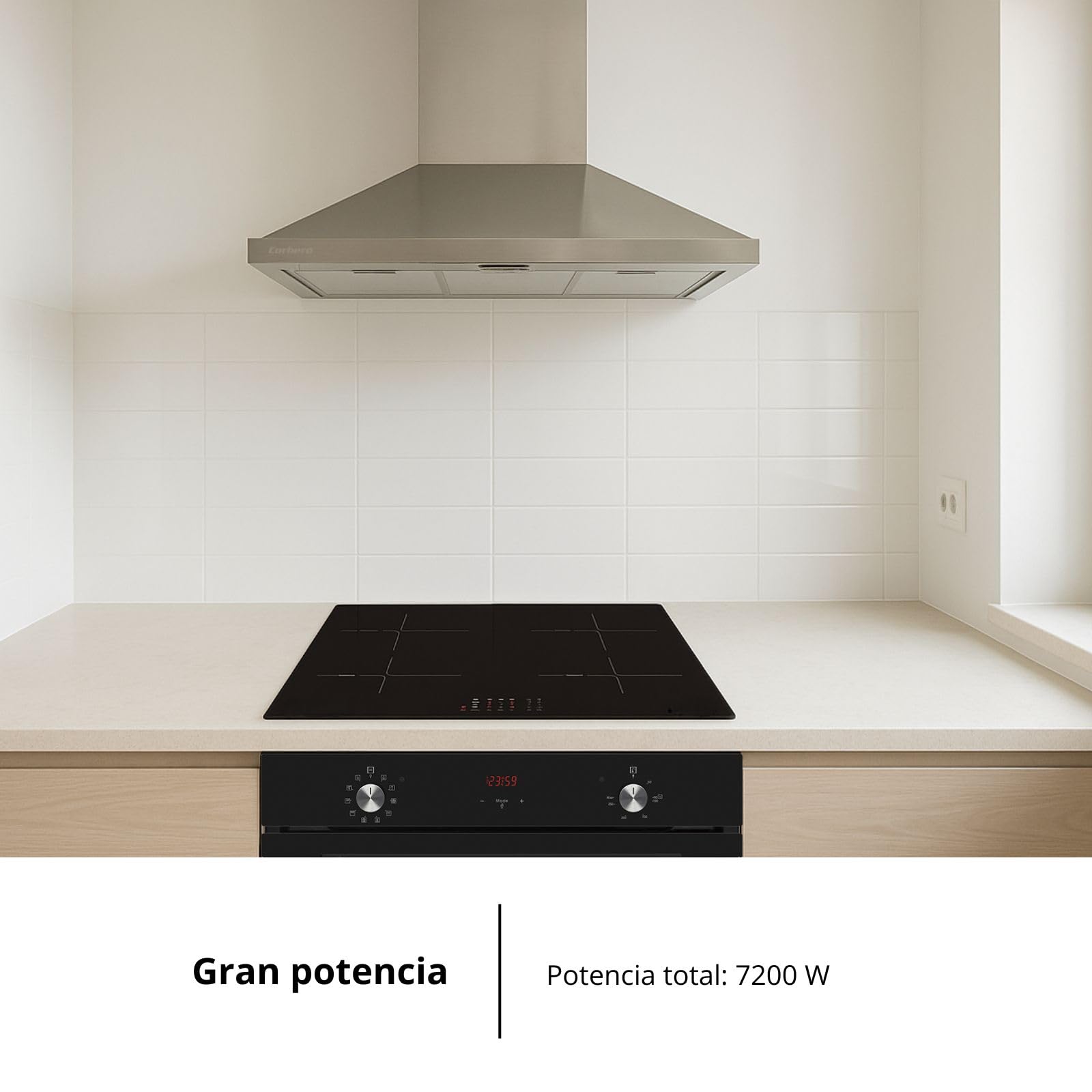 Corberó - Placa de Inducción 60cm | CCIM472 | 7200 W| 4 Zonas | Booster | Inverter | Control Táctil | Temporizador | Bloqueo Infantil | Desconexión automática | Negro