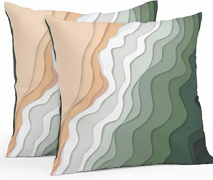 Coastal Ocean Sage Green Beige Wave Outdoor Pillow Covers 16x16in Pack of 2 Waterproof Pillowcase Colorful Gradient Stripe Decorative Throw Cushion Case for Patio Couch Sofa