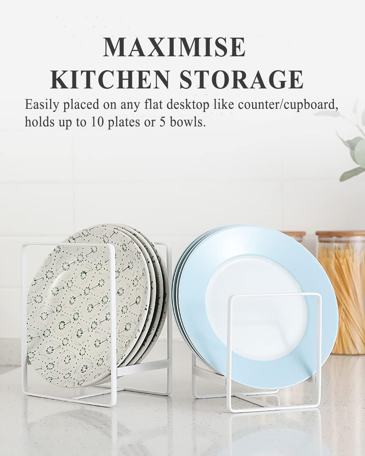 ORZ Pack of 2 Plate Rack for Kitchen Cupboard, Metal Plate Storage Organiser, Vertical Plates Holder, Pot Lid Cutting Board Organiser for Counter-top Cabinet, White