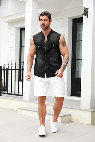 Miniatura 3 de Ryannology Mens Denim Sleeveless Shirts Cowboy Jean Vest Casual Button Down Slim Fit Work Cotton Tops with Pockets