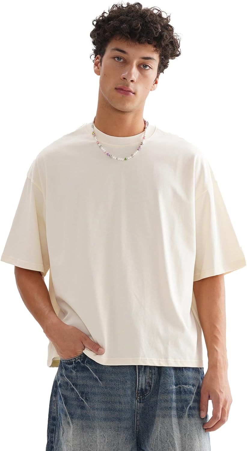 Men's T-Shirts Boxy Fit Cropped Oversized 100% Cotton Short Sleeve Round Neck T Shirts Fashion Tops Tees Shirts