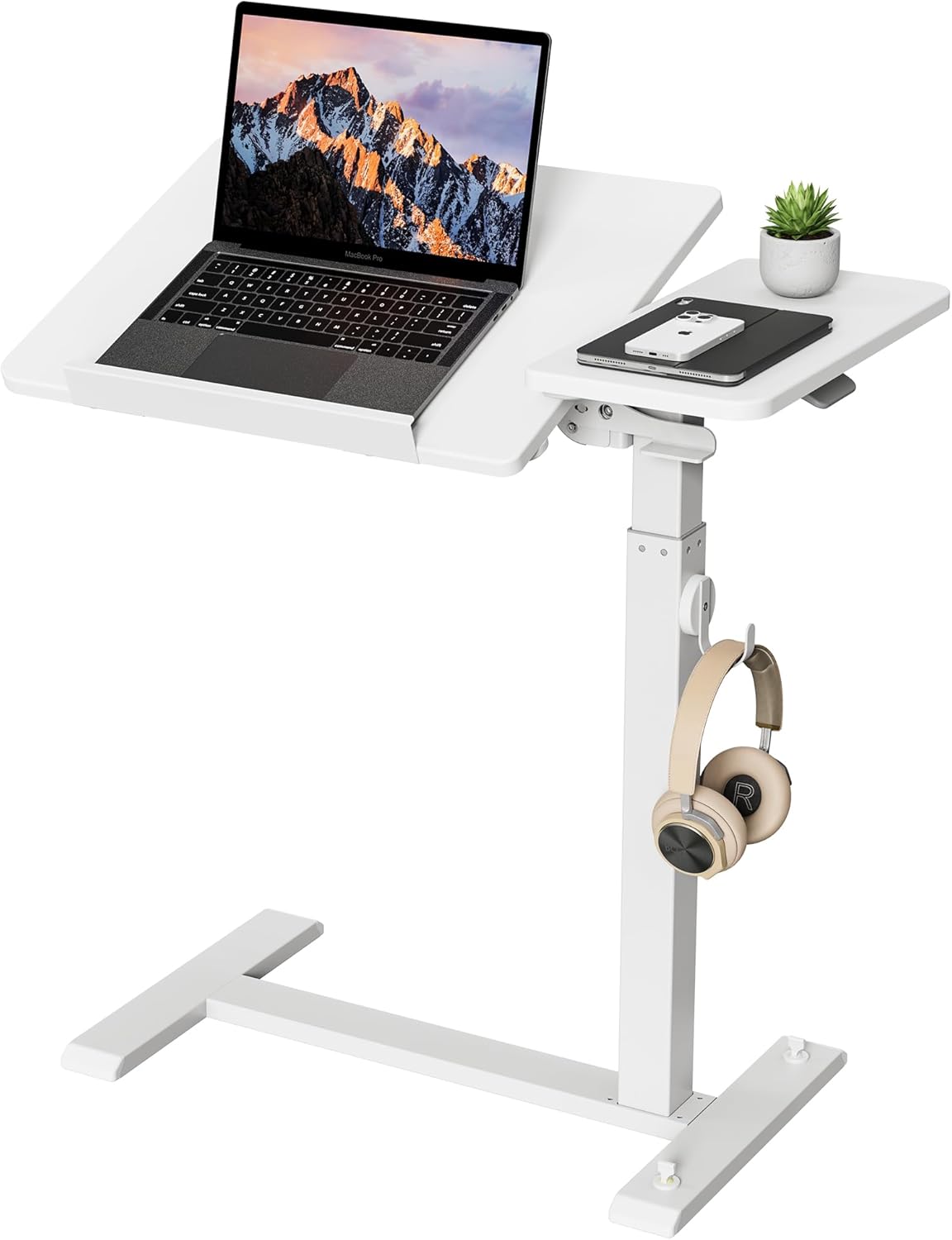 ETHU Foldable Overbed Table with Wheels, Rolling Laptop Standing Desk with Height Adjustable 26.77”-42.51” & Tilting Desktop, Mobile Work Desk for Bedside, Sofa and Home Office Use, White