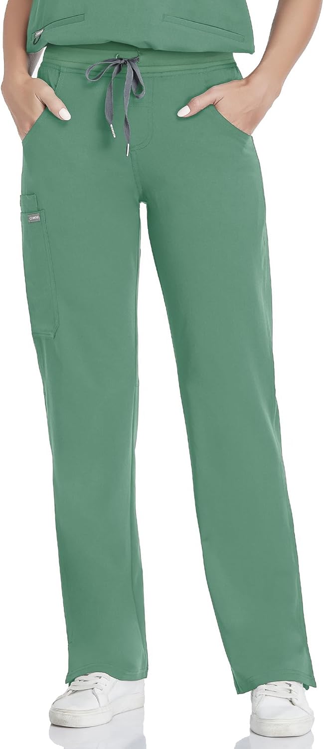 COMENII Scrubs for Women, Knit Yoga Waistband Straight Leg Cargo Pants, Classic Fit Womens Scrubs Pants