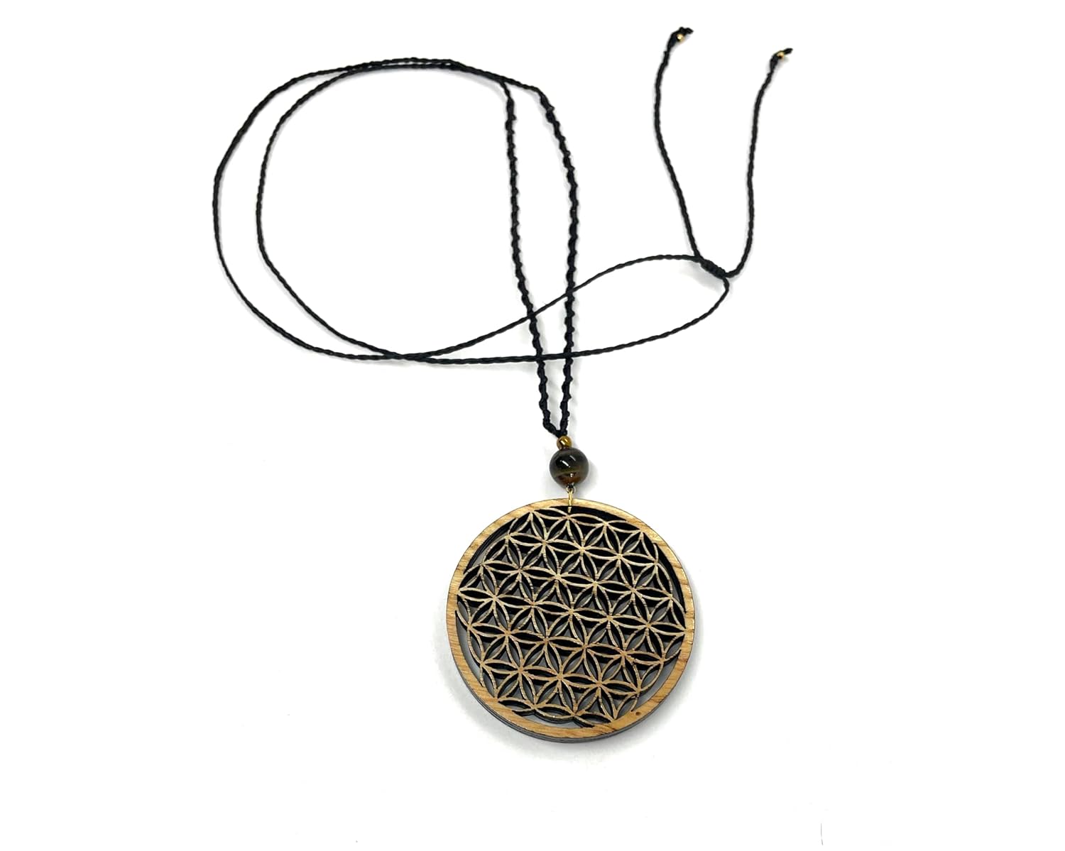 Flower of Life Abundance Pendant Necklace, Wooden Sacred Geometry pendant with Tiger Eye Natural Stone Bead by Goa Laser Factory