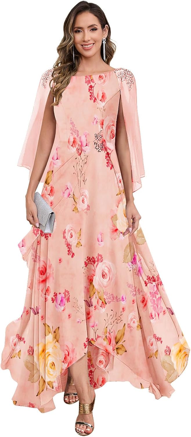 GUKARLEED Women’s Ruffles Mother of The Bride Dresses with Shawls Beading Cap Sleeve Wedding Guest Dress Long Formal Dress