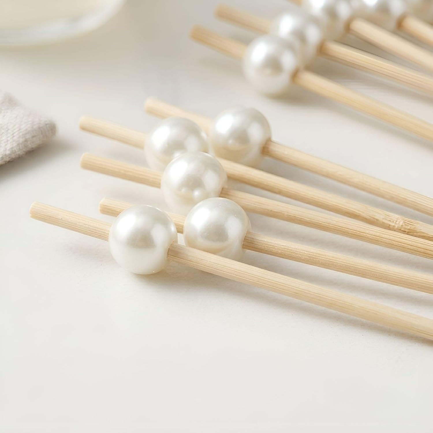 100Pcs 4.7" White Pearl Cocktail Picks, Bamboo Toothpicks Appetizer Skewers