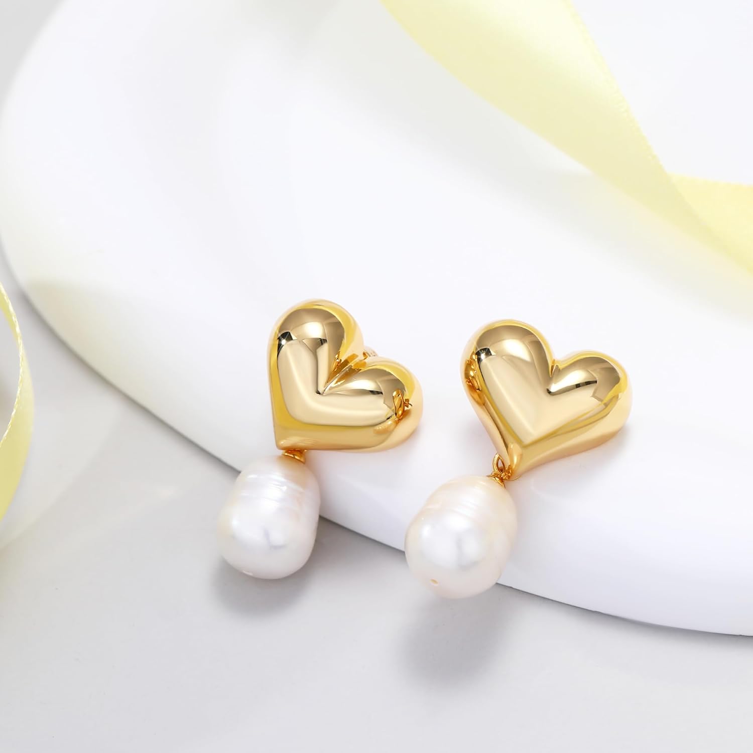 EVEYE 18k Gold Plated Heart Hoop Earrings for Women Freshwater Pearl Earrings Drop Dangle Earrings 3D Dangle Drop Earrings Pearl Drop Dome Heart Stud Jewelry Gifts
