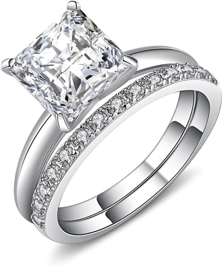 Castillna Sterling Silver Princess Cut Cubic Zirconia CZ Solitaire Engagement Ring Set for Women