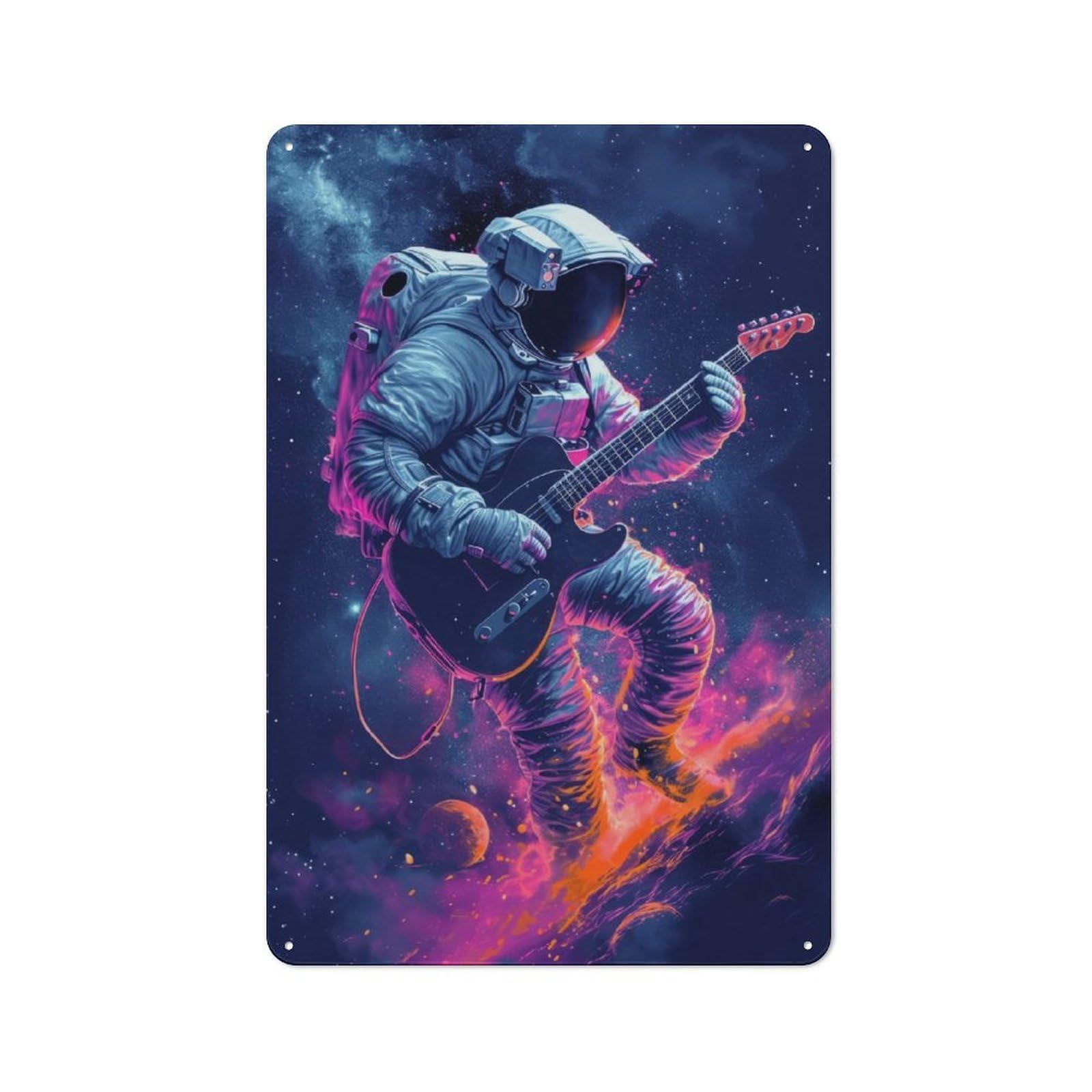 Junmoney Guitar Astronaut In Space Industrial Retro Metal Sign 30X20cm, Shed Wall Plaque For Garage, Workshop, Shed Or Utility Room