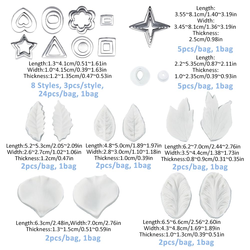 SUPERFINDINGS Set di 43 formine professionali per fondente, a forma di fiore, in acciaio inox, in silicone, per decorare torte, pasta di gomma, zucchero, fiori, fai da te