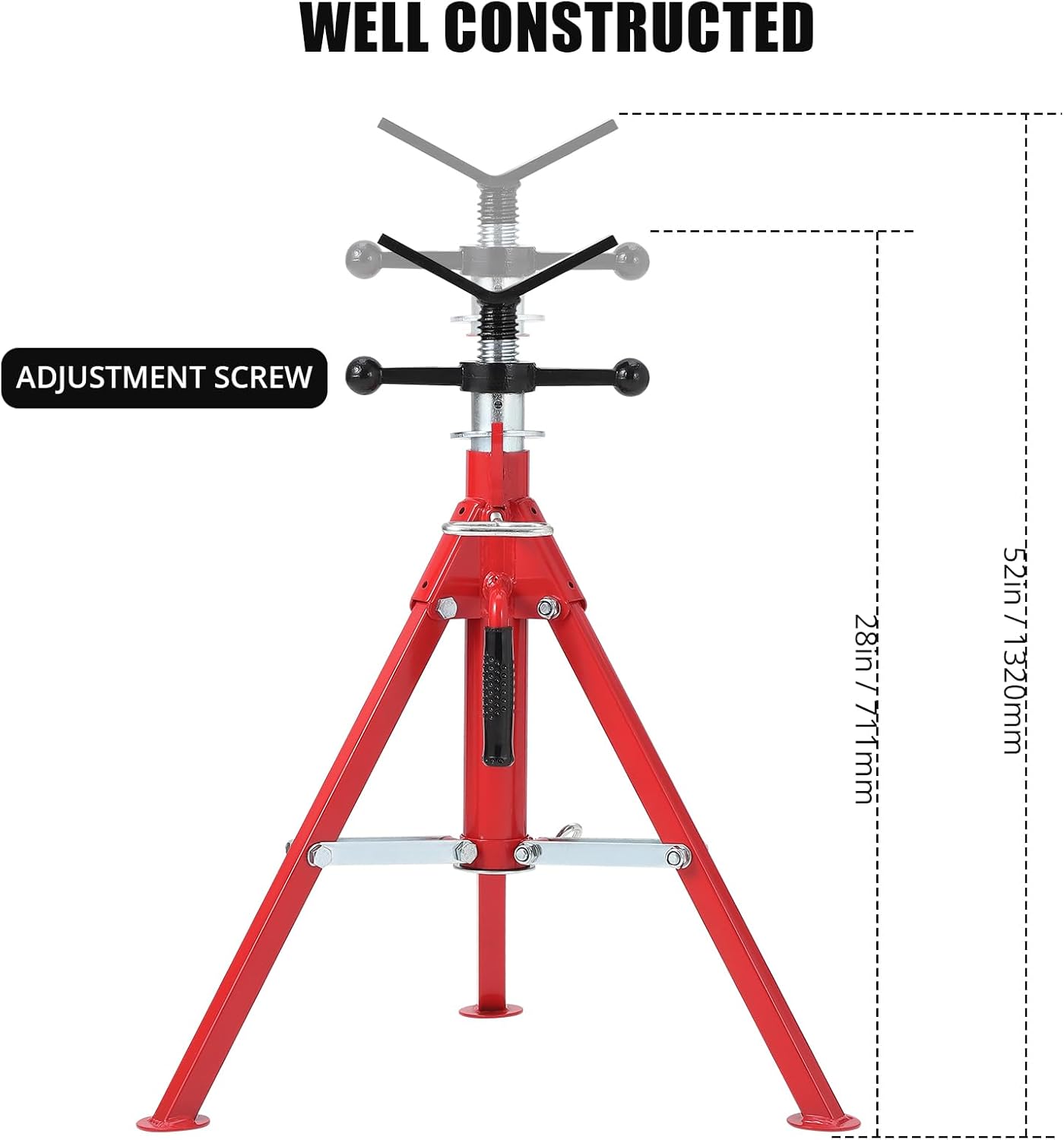 Heavy-Duty v-Head Pipe Jack Stand, 28”-52” Adjustable Height Steel Jack Stand, Portable Folding Pipe Stands with 2500 LBS Load Capacity, Pipes Welding Stands for Automotive Repair & Construction Tasks