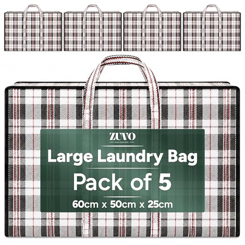 Zuvo Moving Bags with Zip (5 Pack) - Large Laundry Storage Bags Heavy Duty Woven Waterproof Reusable Packing Bags for Moving House Clothes Bedding 60x50x25cm