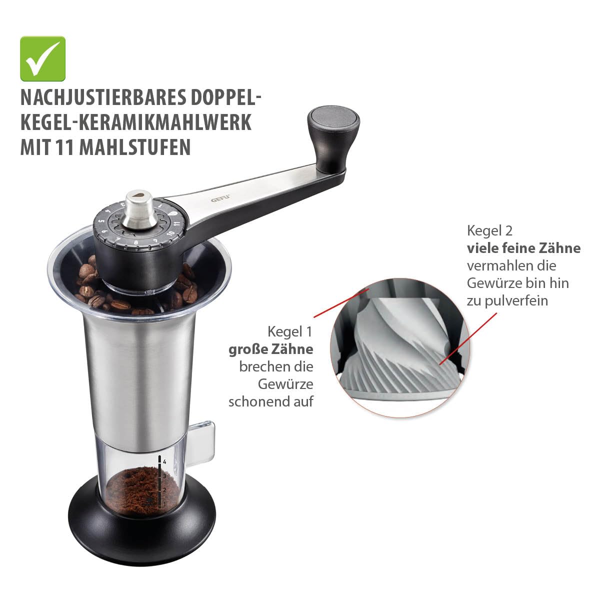 GEFU Kaffeemühle LORENZO | Manuelle Kaffeemühle mit Keramikmahlwerk, 11 Mahlstufen & Aromadeckel | Für Espresso, Filterkaffee & French Press | Edelstahl
