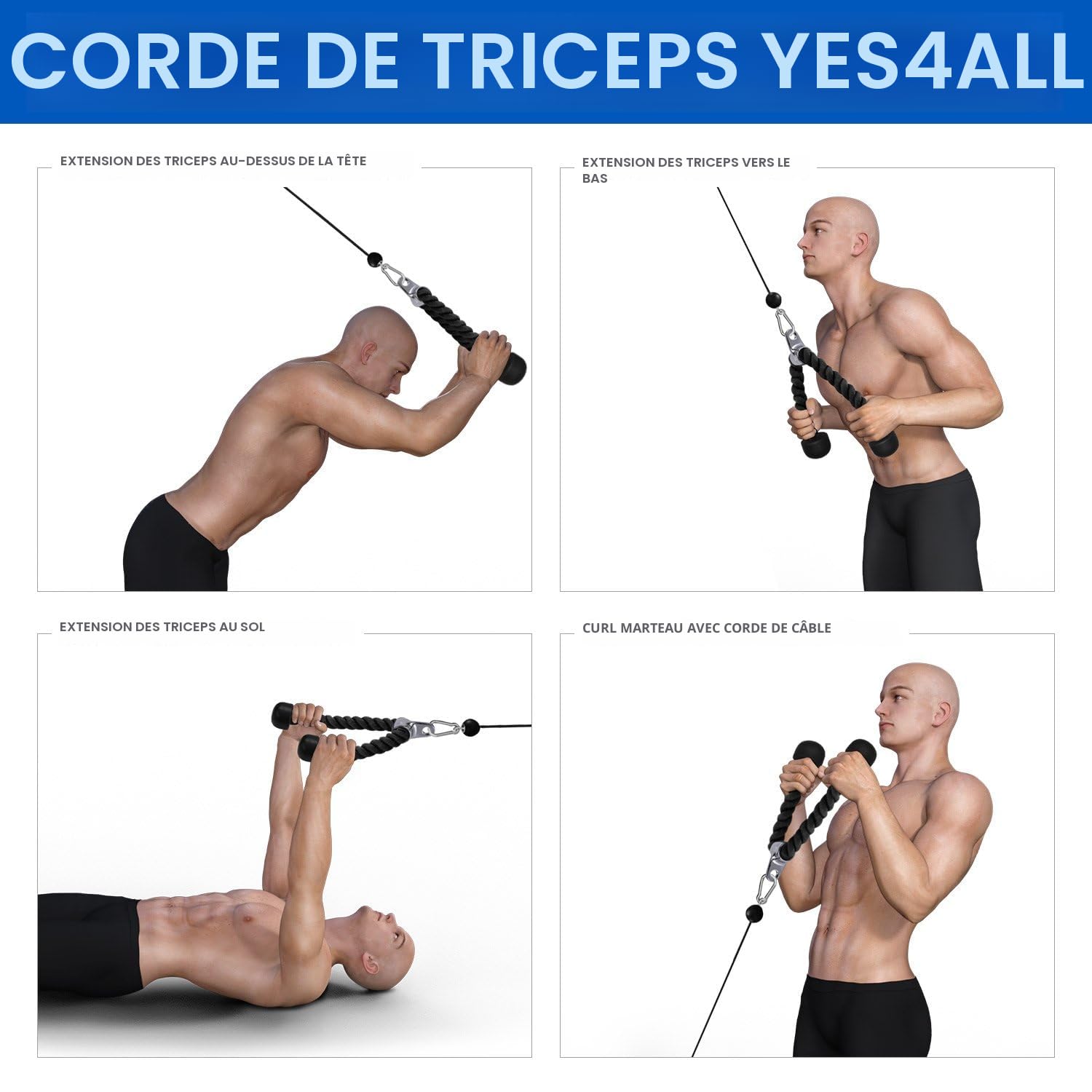 Yes4All 68,6 et 91,4 cm corde triceps avec 4 couleurs, corde musculation fitness, accessoires de musculation, sport accessoires entrainement, poignee tirage