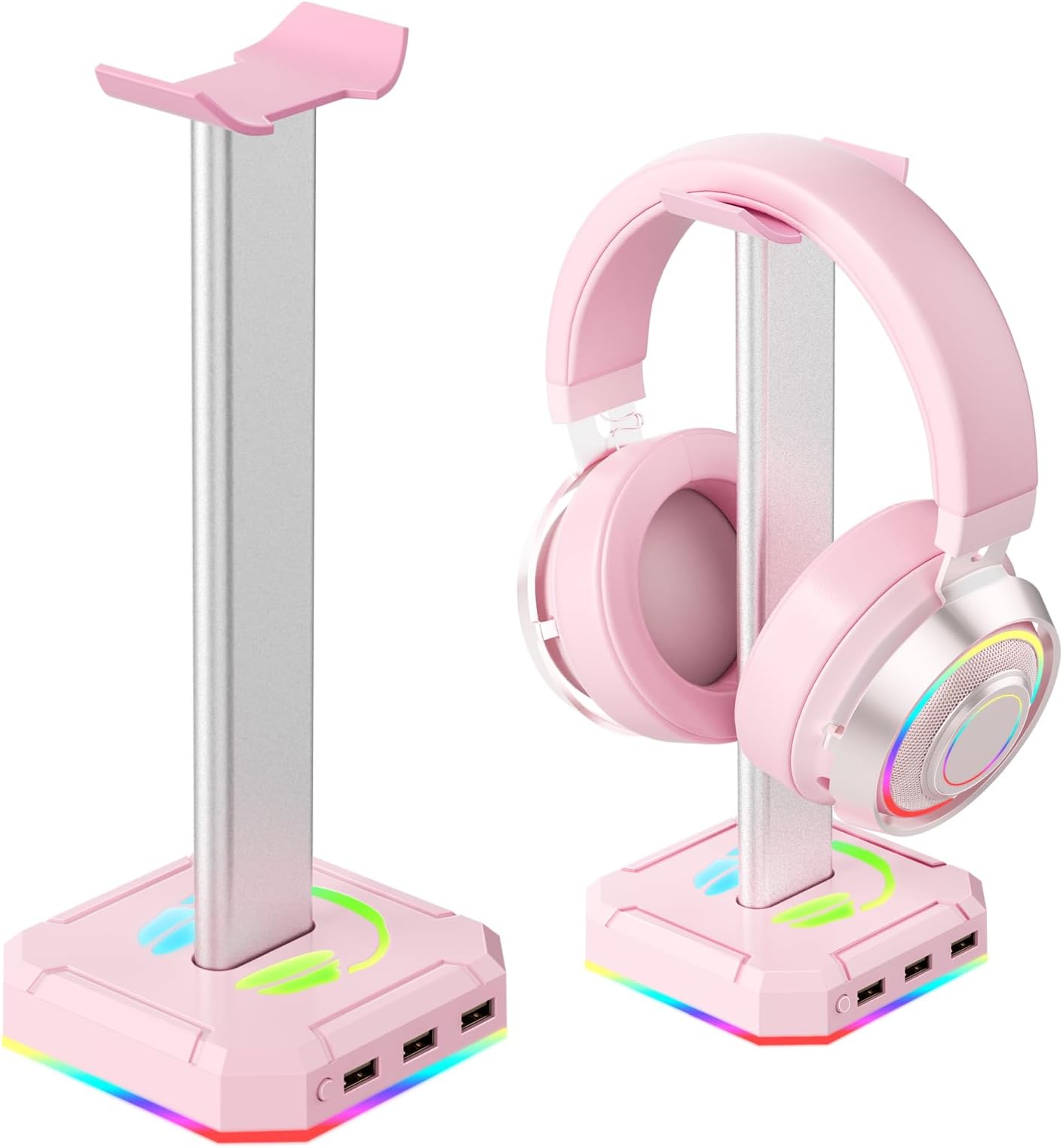 TuparGo G2Pro Pink Headphone Stand RGB Lights Gaming Headset holder with Three USB Port for Desktop PC Game Accessories,Aluminium Connecting Rod, Light Toggles and Turns Off,9 kinds of lighting modes.