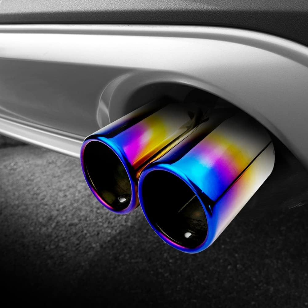 Dual Exhaust Tips, Stainless Steel Double Outlet Car Muffler Tail Tip Exhaust Straight/Curved Type Tailpipe Tip 63mm/2.5" Inlet Bolt-on Exhaust Tip Plane Port (Curved,Baked Blue)