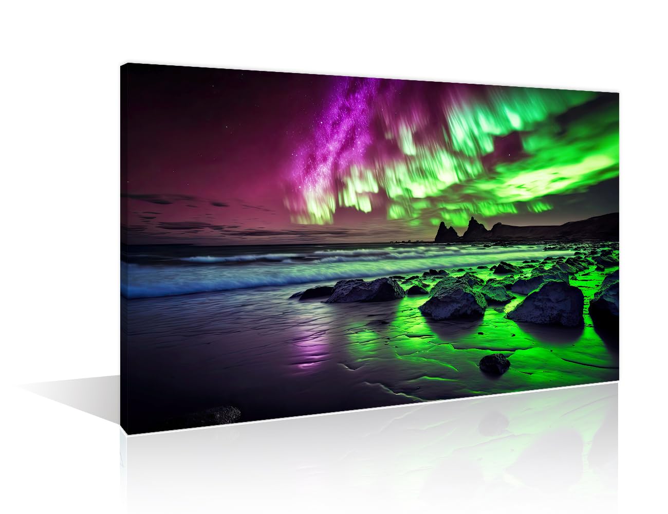 1 Piece Bright Purple Green Northern Lights Wall Pictures for Living Room Iceland Beach Scenery Painting on Canvas Wall Decor Art Bedroom Wall Art Modern Artwork Framed Ready to Hang (24"Wx36"H)