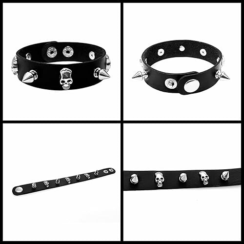 Miniatura 3 de 3 pulseras de cuero punk rock para mujer, accesorios de joyería Emo Pop de los años 80 y 90, accesorios de joyería retro con pinchos ajustables