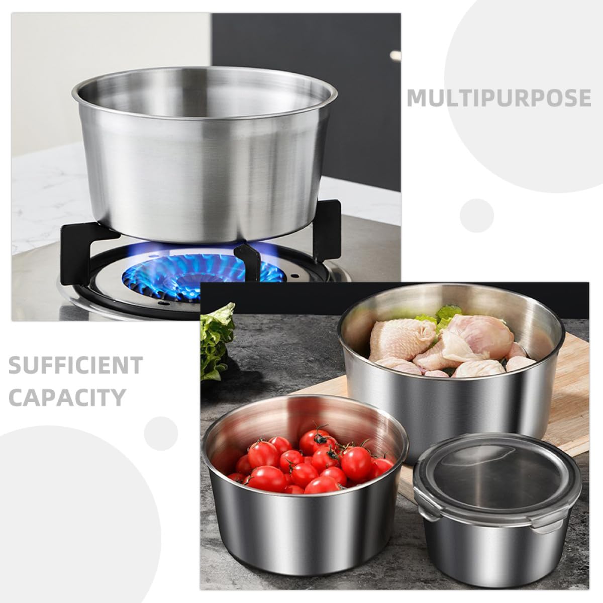 jojofuny Recipientes de Acero Inoxidable con Tapa, 3 Piezas 600-2200 Ml | Plata, 304 Acero y Pp, para Café y Té Floral, Fácil de Limpiar, sin Rebabas, Uso Prolongado