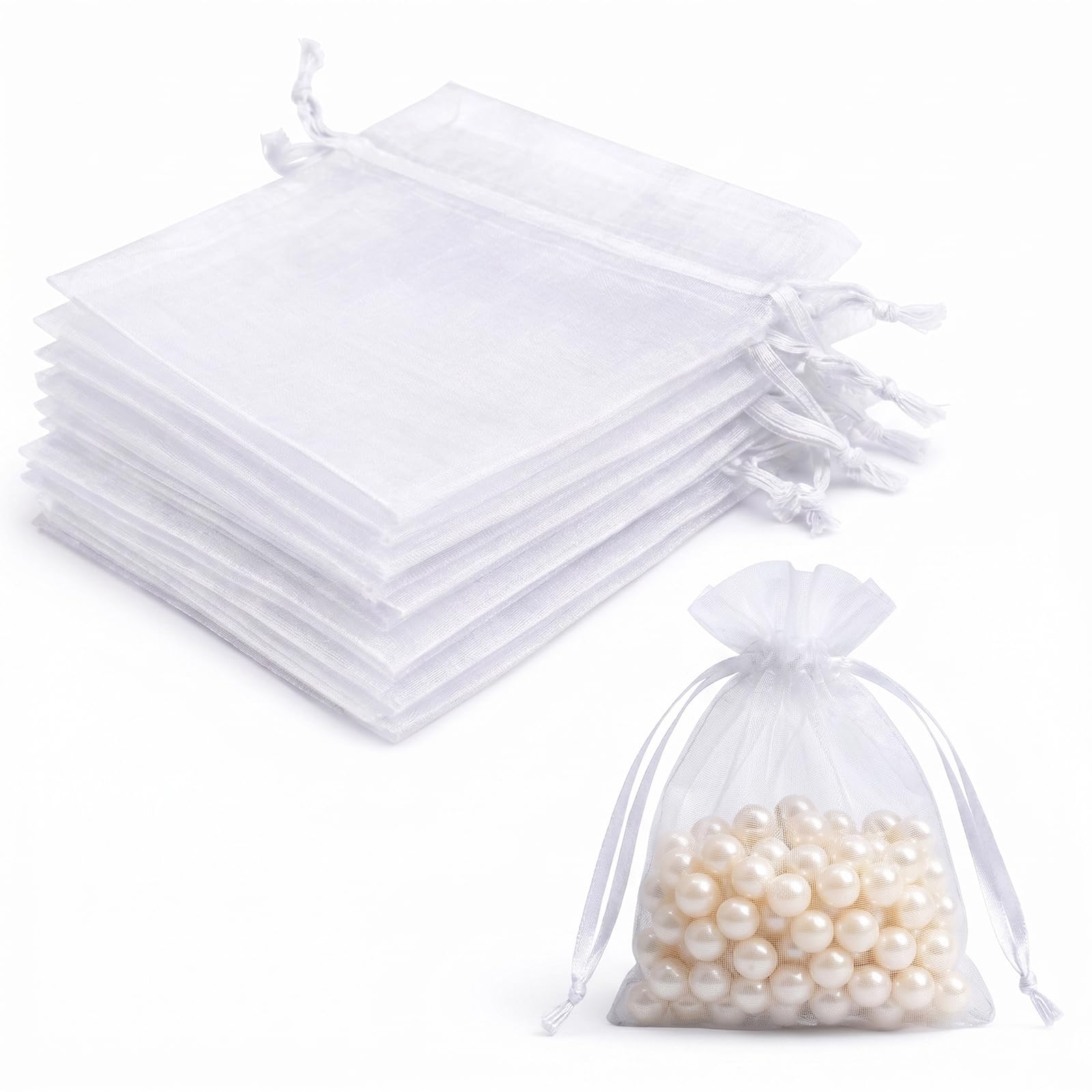 20Pcs Organza Gift Pouches, 10x15CM Clear Mesh Drawstring Pouches, Organza Gift Bags for Wedding Favours, Party, Festival, Candy and Game Favour Bags - White