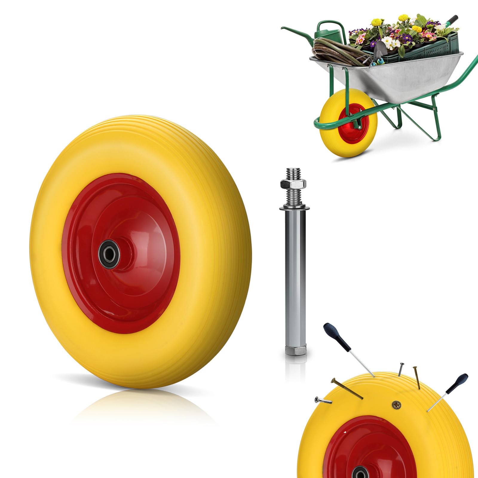 Rueda de carretilla 4.80 4.00-8 de goma maciza con eje, rueda de repuesto, rueda de goma, resistente a pinchazos, diámetro de 390 mm, capacidad de carga de 200 kg, rueda de repuesto