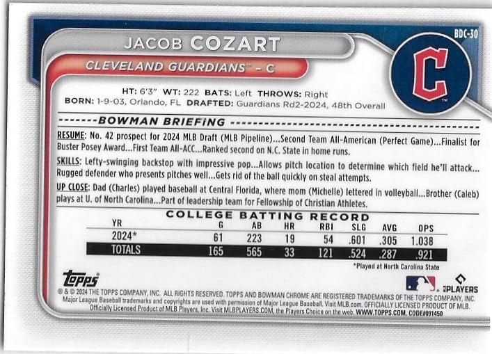 Jacob Cozart Sunflower Seeds Parallel From Variety Pack 1st Bowman Card Bowman Draft Chrome Special Insert Collectible Baseball Card - 2024 Bowman Draft Baseball Card #BDC-30 (Guardians)