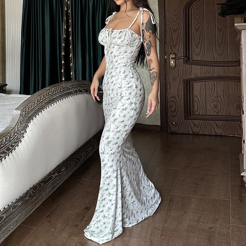 Image of Women Floral Printed Spaghetti Strap Maxi Dress Long Dress Backless Tie Shoulder Mermaid Dress