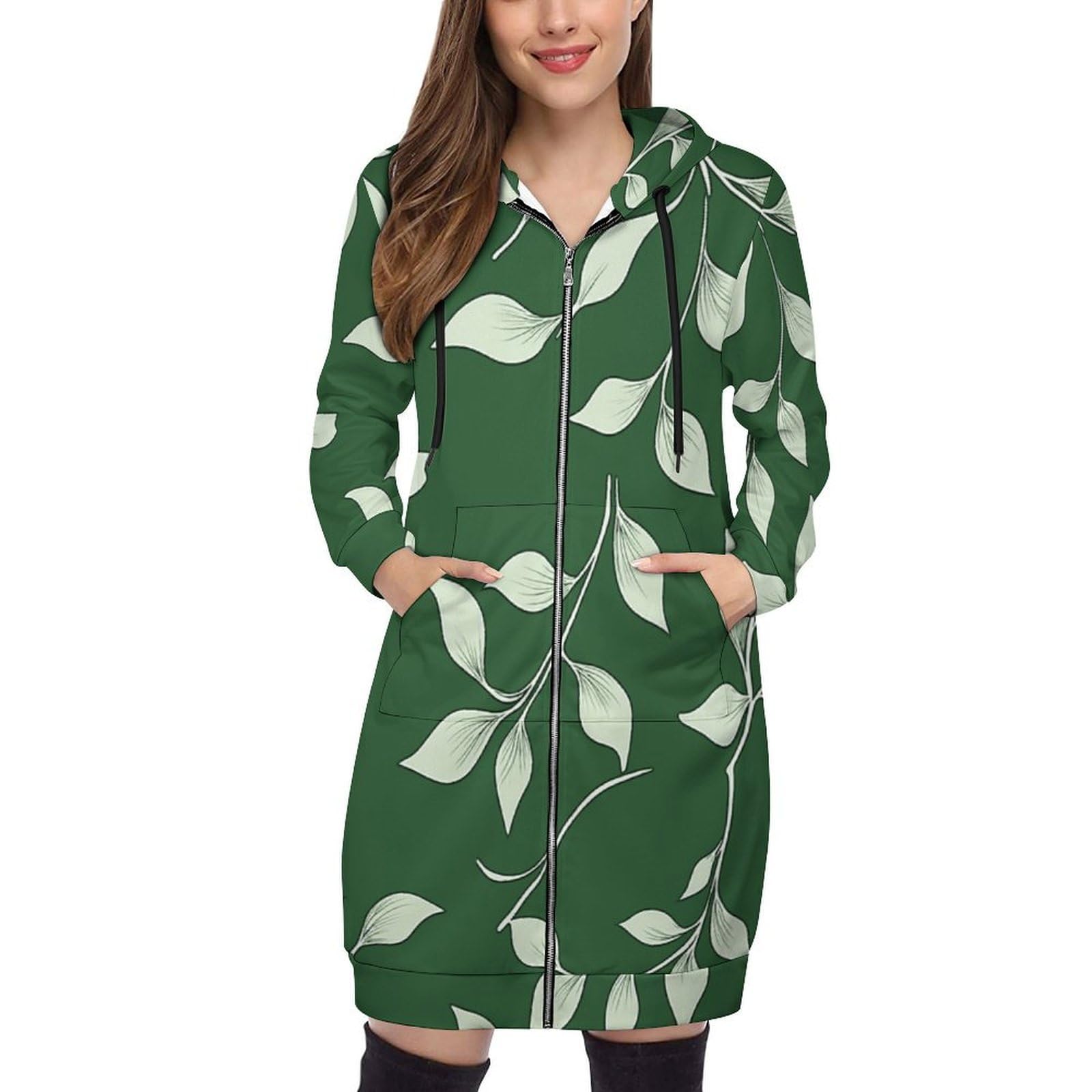 Felpa Donna con Zip Felpe Sportiva con Tasche E Cappuccio Motivo A Foglia Bianca Morbida Invernale Giacca Regolabile Confortevole per Uso Quotidiano Casual