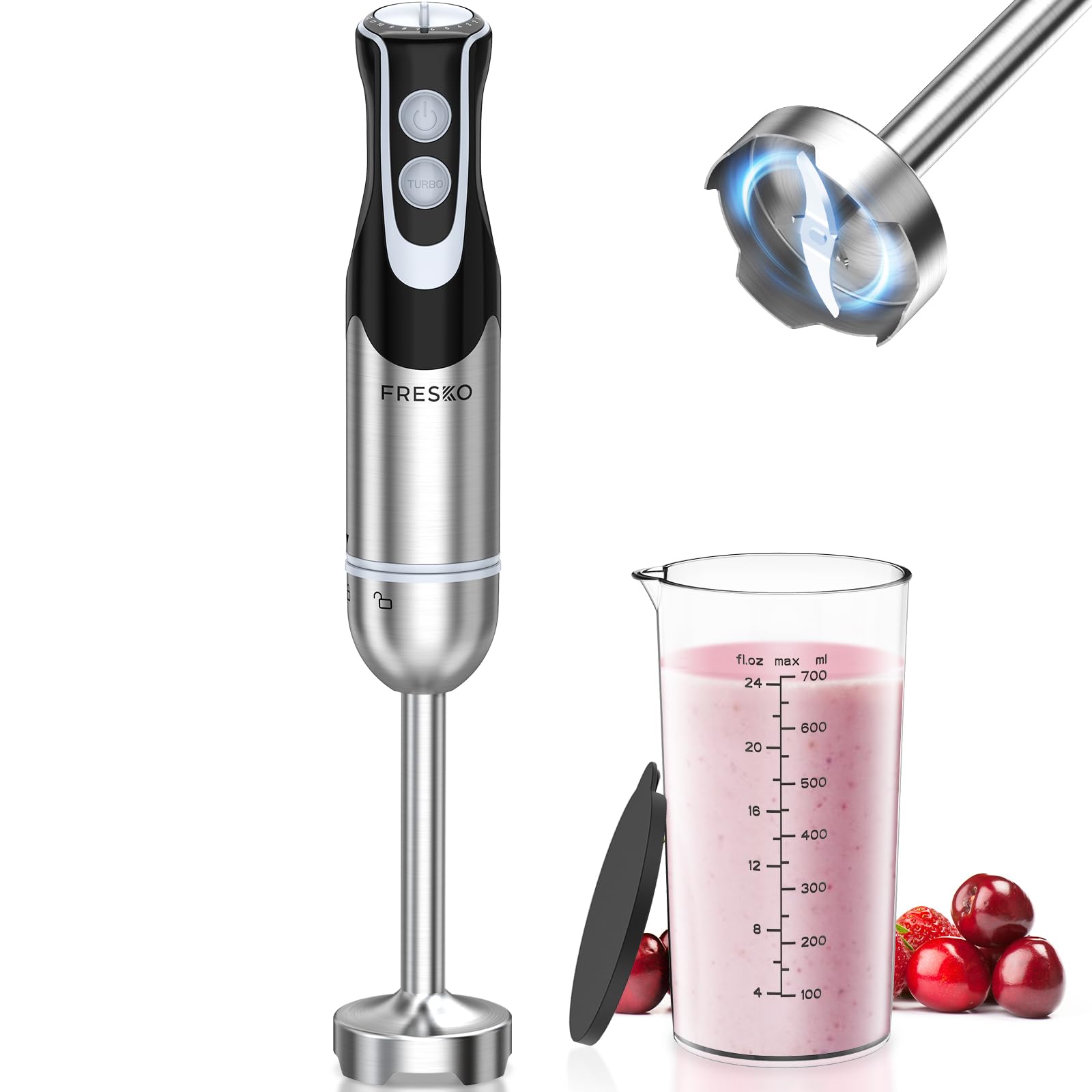 FRESKO Stabmixer, 1000W Edelstahl pürierstab mit 12 Geschwindigkeitsstufen, TURBO-Taste, 700ml Becher mit Deckel für die Zubereitung von Soße, Babynahrung und Suppe