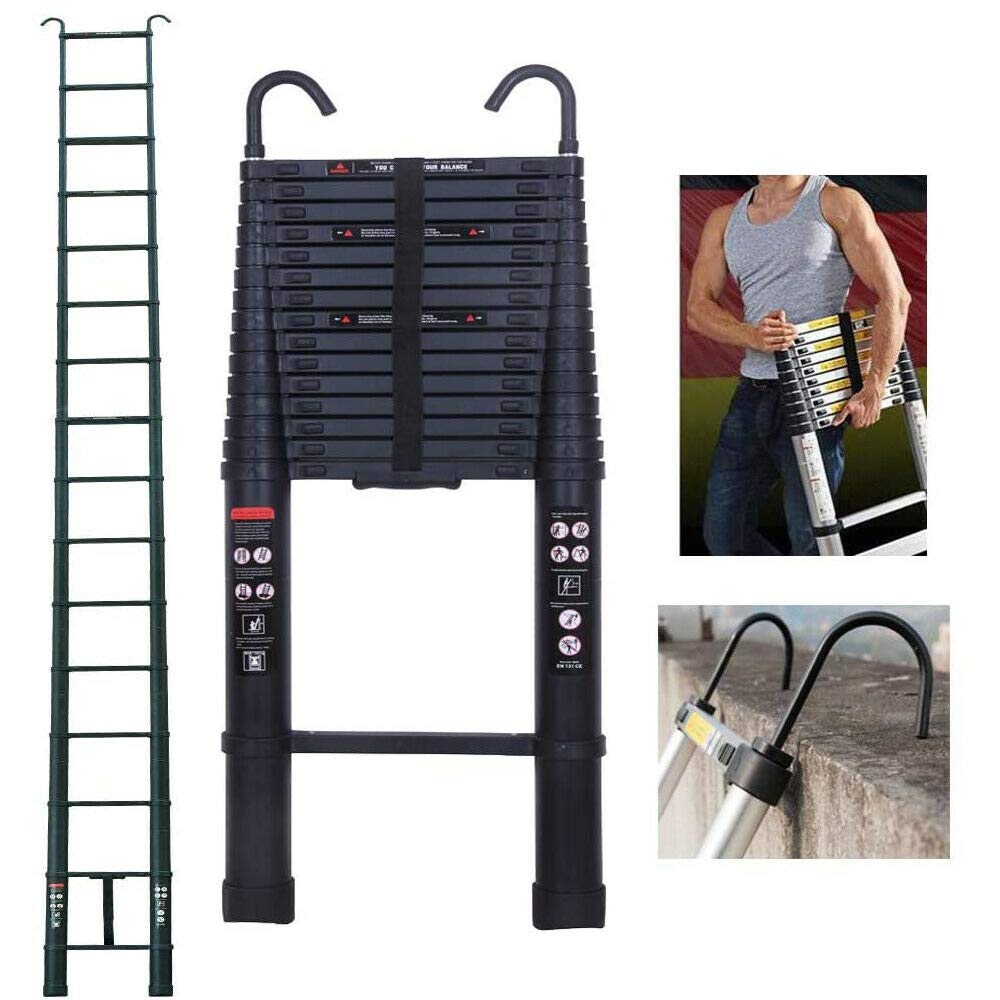 Lucn Black 5M Telescoping Ladder With Detachable Hook, Aluminum Telescopic Extension Tall Multi Purpose Loft Ladder, 150 Kg/330 Pound Load Capacity,