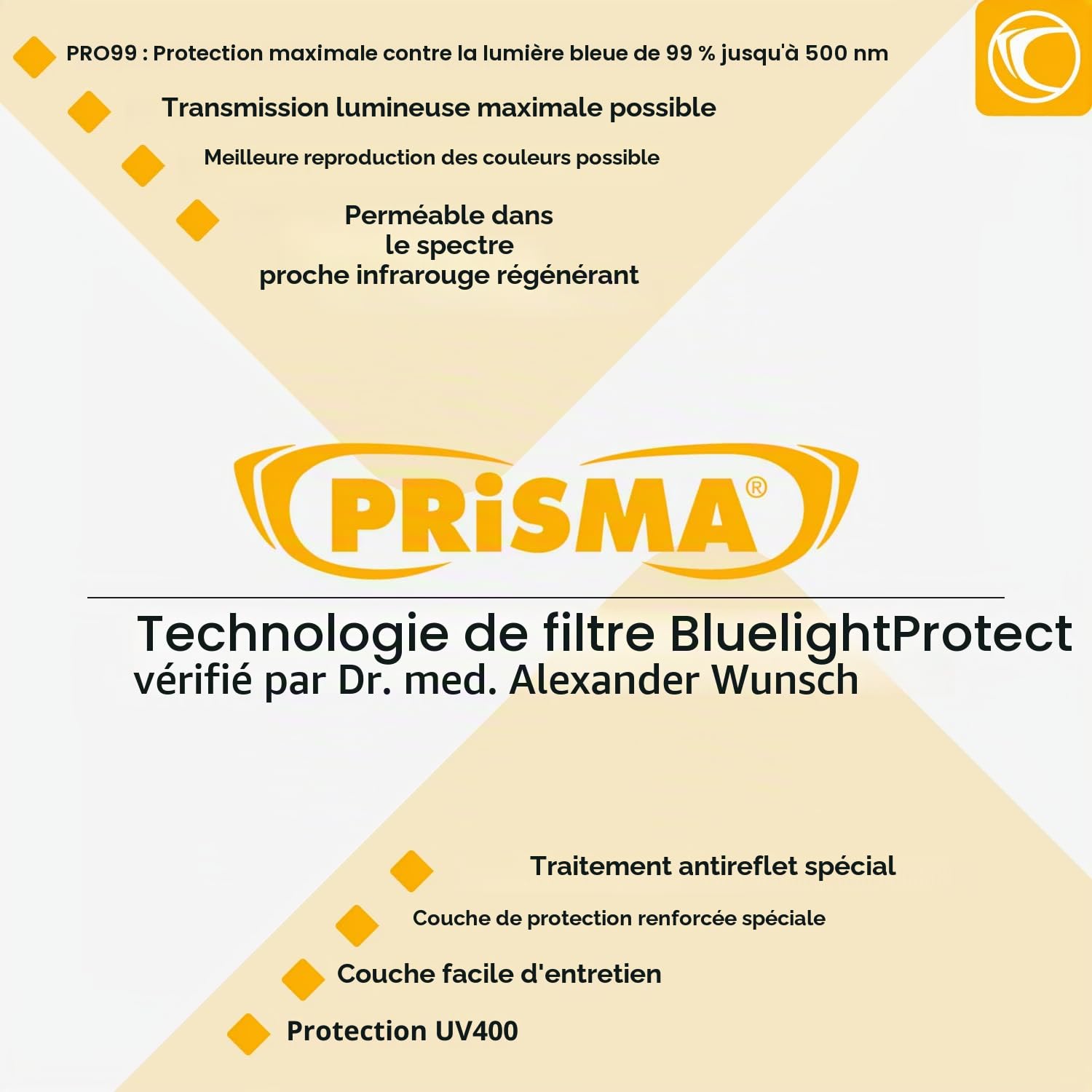 PRiSMA - Filtre à lumière bleue à 99% - Clipsable PRO99 - Pour homme et femme - Pour le travail sur PC et la télévision - Réduire la fatigue oculaire - Mieux dormir