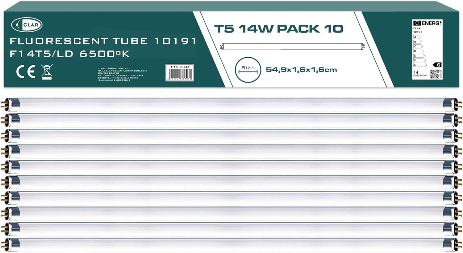 CLAR - Fluorescent Light Tubes, T5 Bulb, Fluorescent Light, 54,9 x 1,6 cm (14W 6500K T5, Pack 10) — image 1