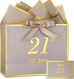 momoake 21st Birthday Gift Bag with Card and Tissue Paper for Men Women, 2004 21 Year Old 13" Elegant Khaki Gold Anniversary Keepsake Party Present Shopping Paper Bags for 21st Birthday Decorations