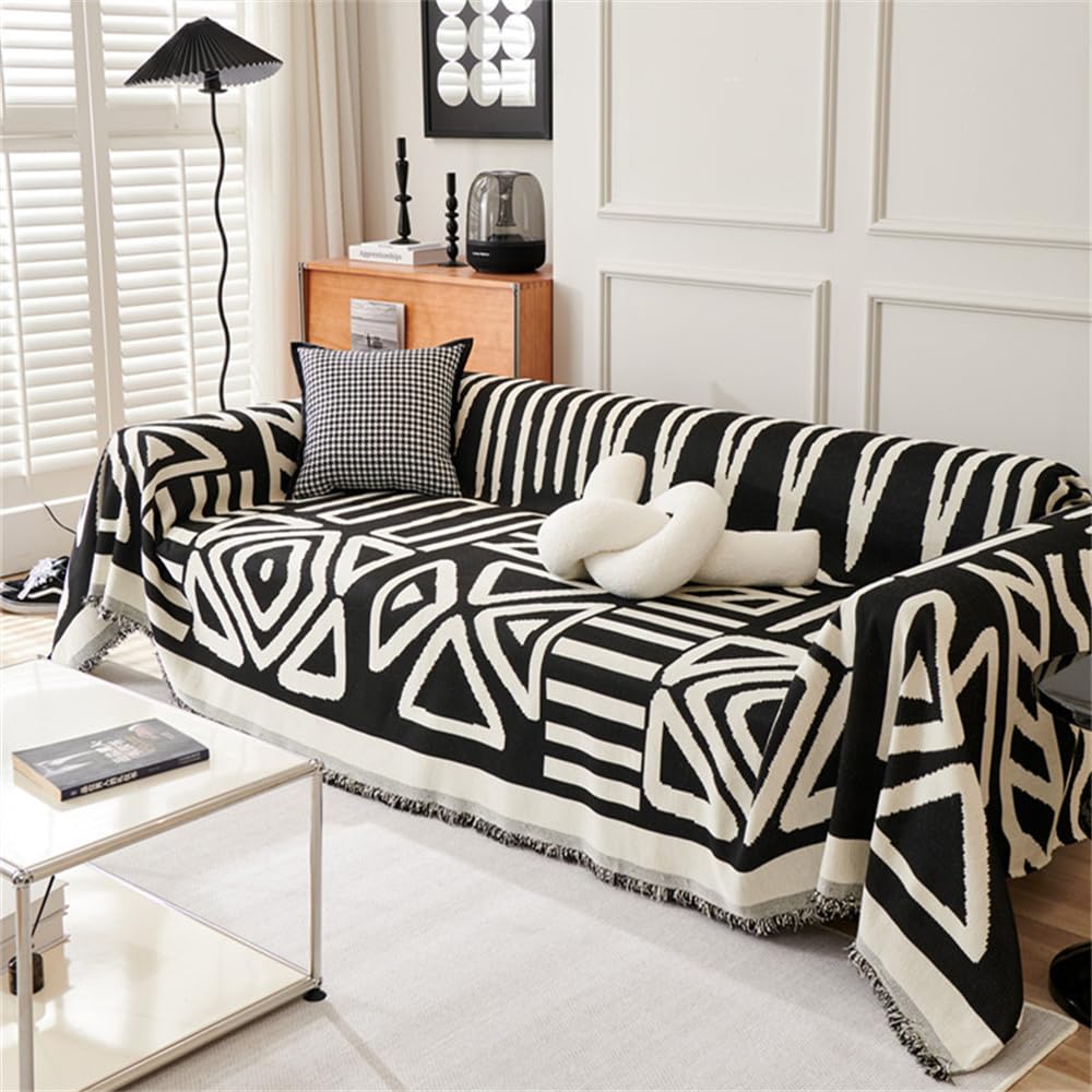 Highdi Bohème Housse de Canapé Extensible Serviette de Canapé Anti-Poussière Canapé Couverture Protège Canapé Chat Anti Griffe, Canapé Serviette Lavable pour lit Double (180x340cm,Noir)
