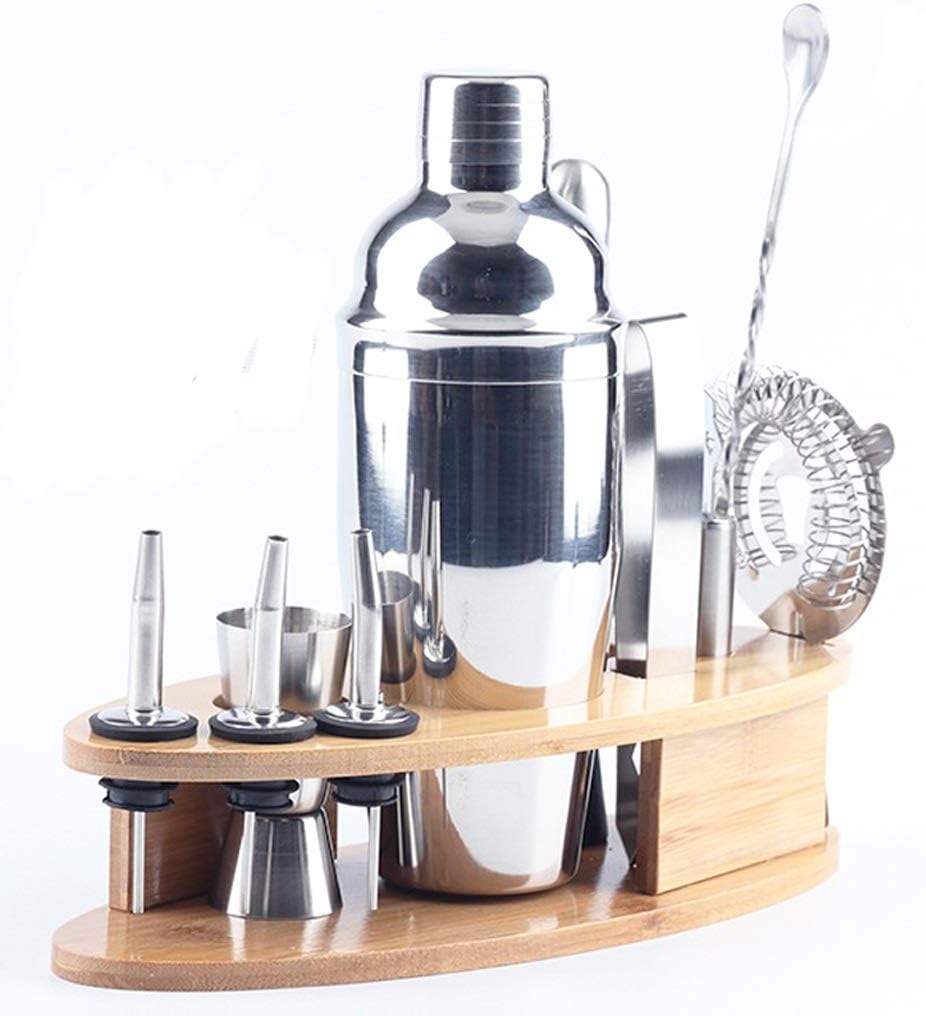 11 Pieces Set Stainless Steel Cocktail Shaker Cup Bottle Stopper Spoon Clip Muddler Bar Tools with Wine Rack and Cocktail Recipe(11 Pcs 750ML Recipe)