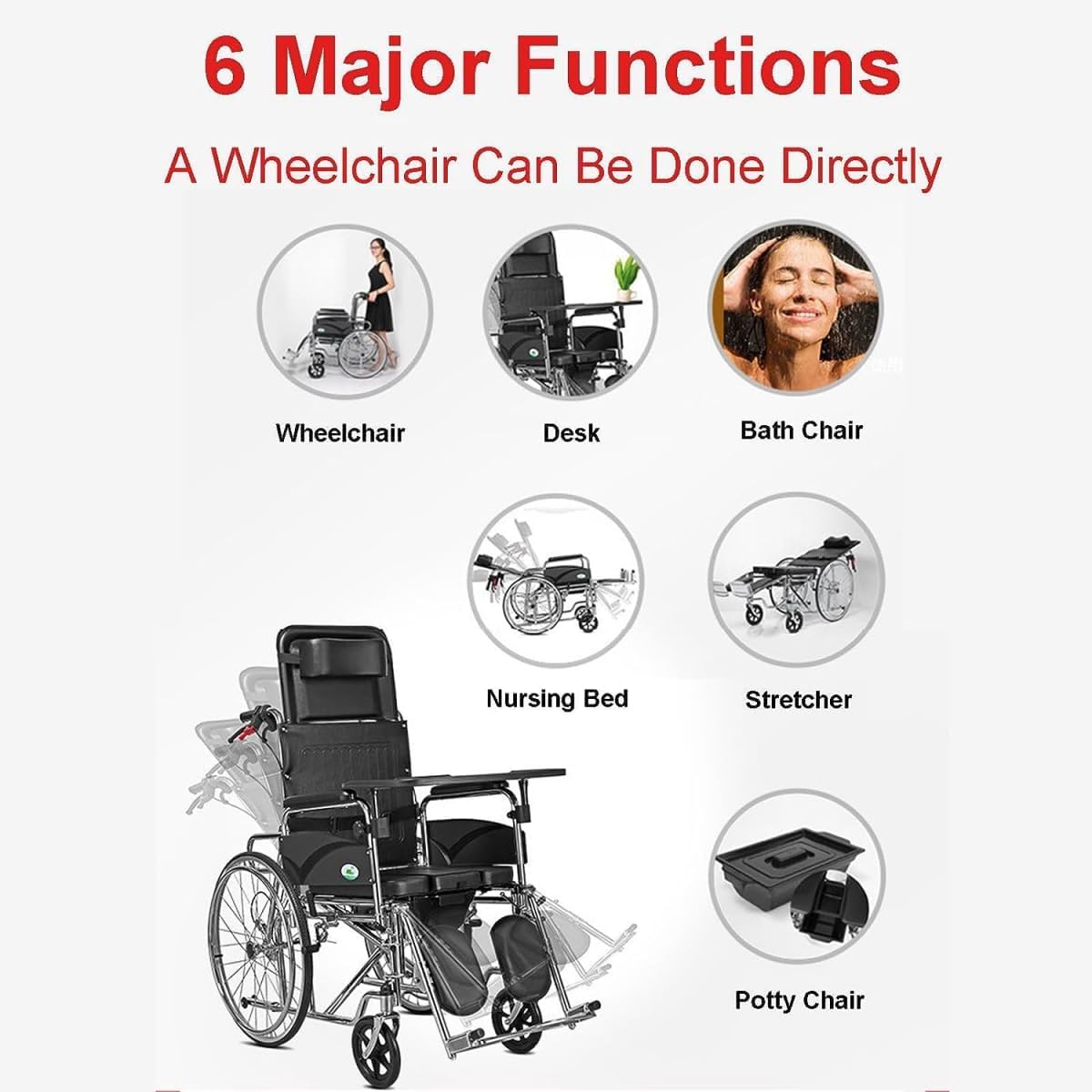Silla de ruedas Respaldo alto Wheelchai Silla de ruedas manual reclinada Marco de aluminio plegable ligero Silla de ruedas Mesa pequeña Orinal Sillas de ruedas