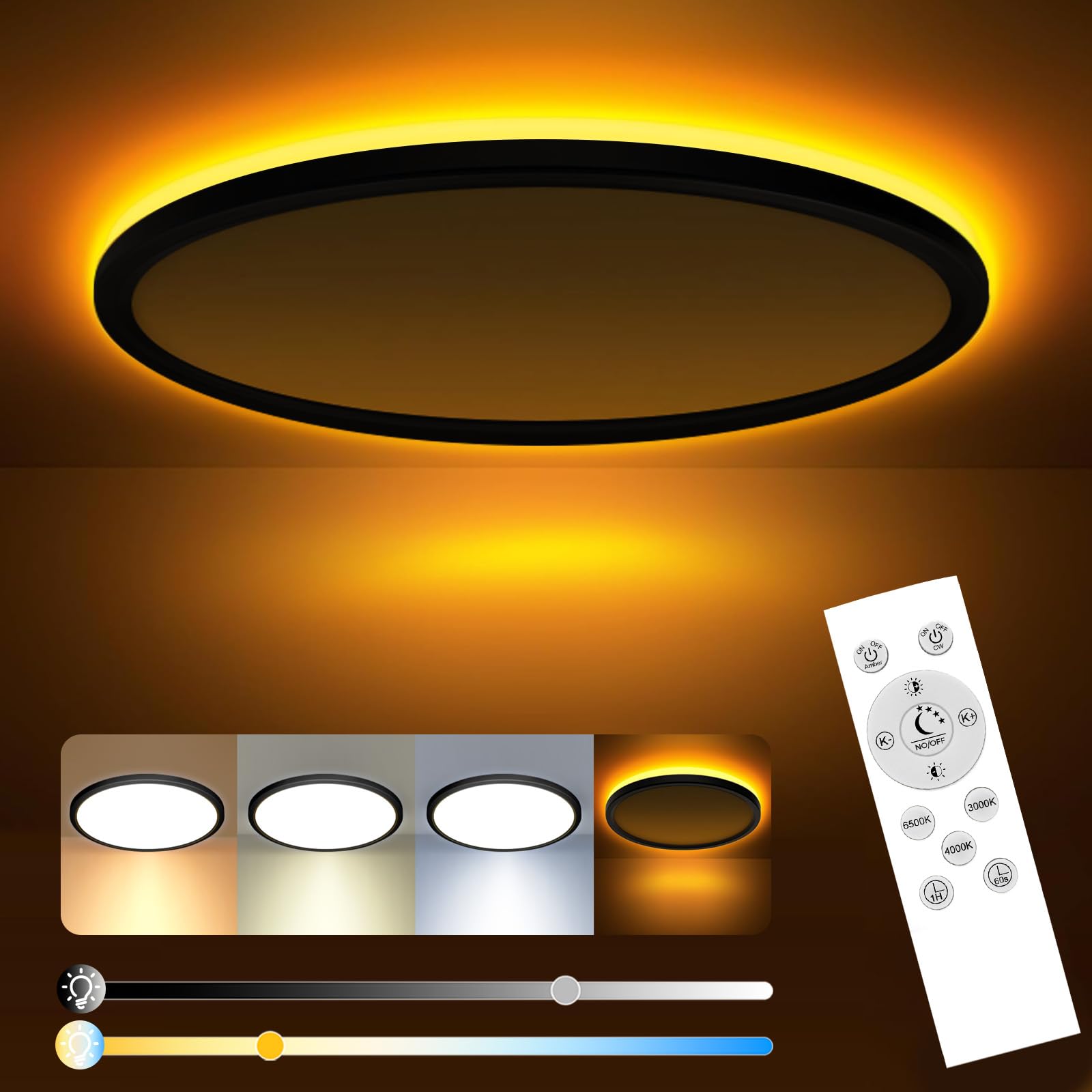 slochi 30CM Plafoniera LED Soffitto Dimmerabile, 24W 2800LM Lampada led soffitto con Telecomando, Luce Notturna 1800k, 3000-6500K che cambia colore Per Soggiorno Camerette letto Cucina Bagno, Nero