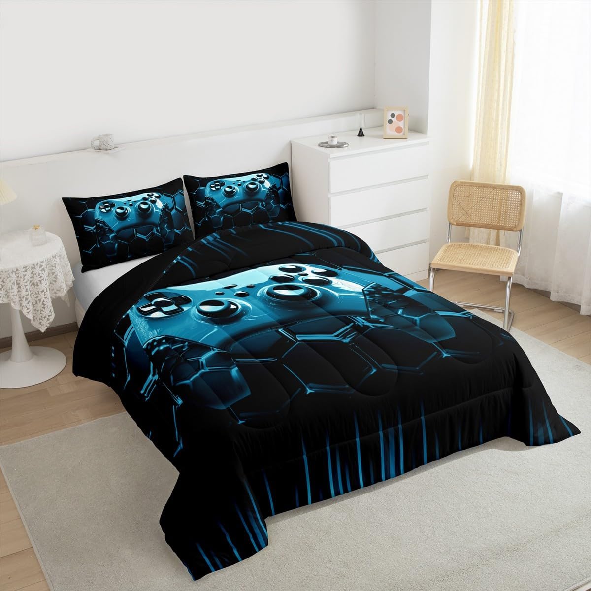 Erosebridal Gaming Bedding Set for Boys Blue Gamer Comforter Set Twin Honeycomb Gaming 3D Bedding Comforter Sets Blue Geometric Duvet Insert for Girls Kids Teen Cool Video Game Room Decor Quilt