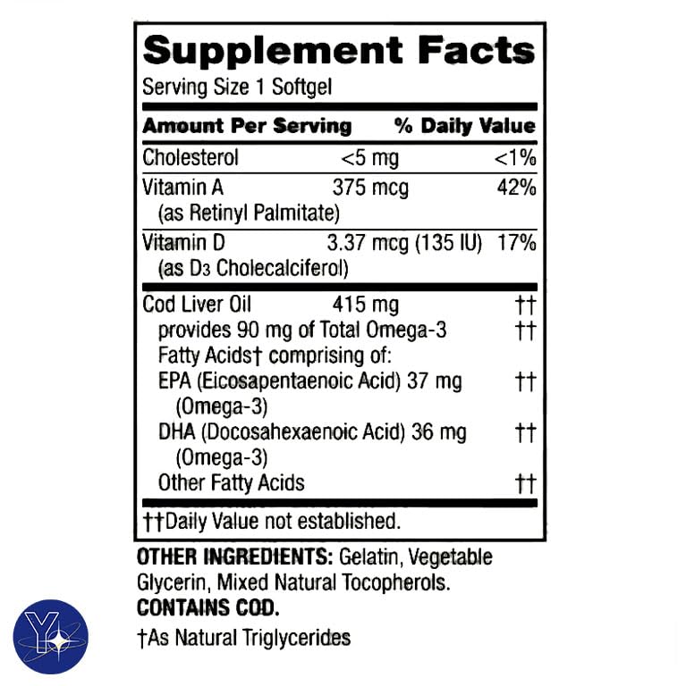 Cod Liver Oil Plus Vitamins A & D3 Immune Health Dietary Supplement Softgels Spring Valley, 100 Count and Bookmark Gift of YOLOMOLO