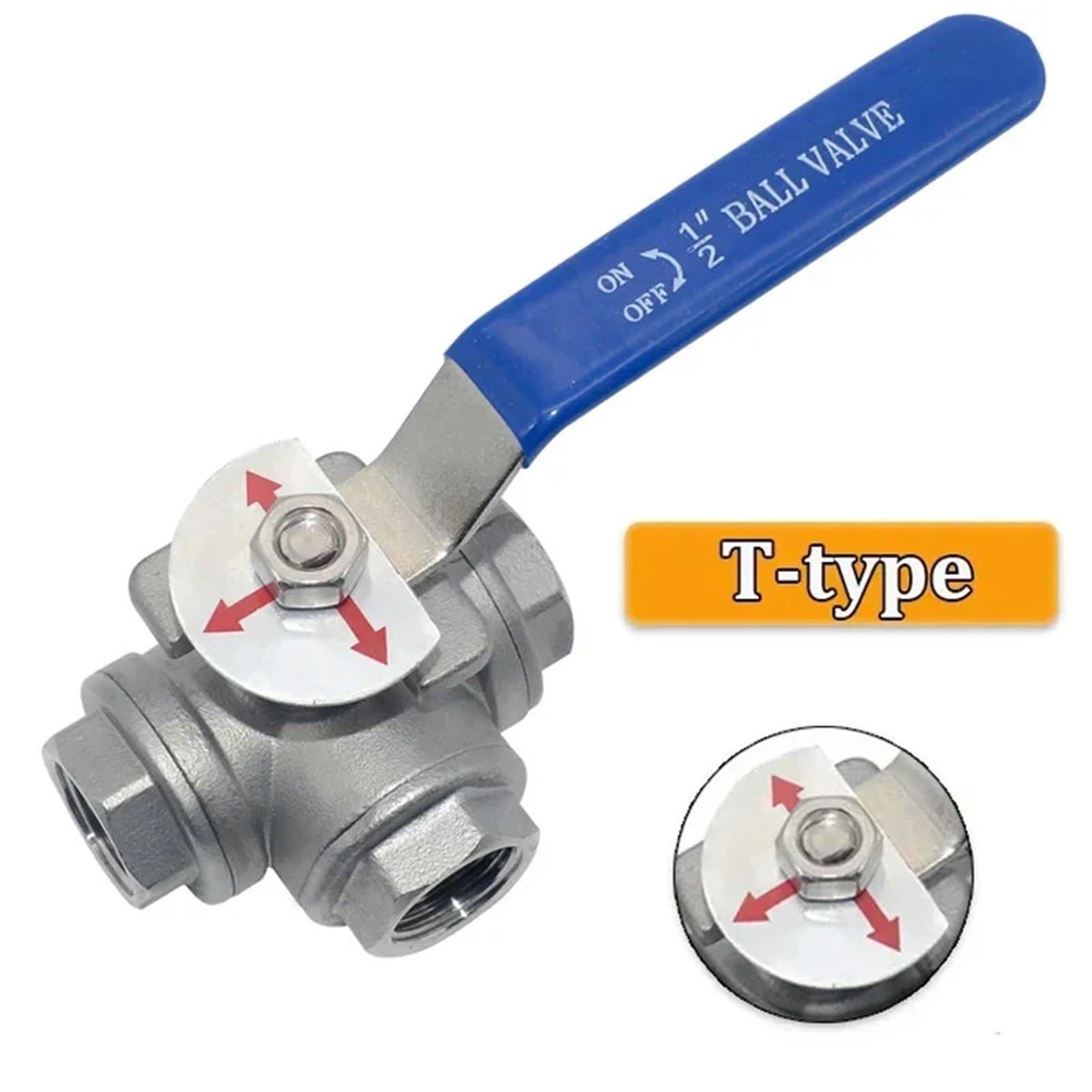 1/4 "3/8" 1/2" 3/4" 1" 2" Filettatura interna T-port Valvola a sfera Connettore SS304 Acciaio inossidabile Valvola a sfera a tre vie Acqua e gas 1 pz(3/4")