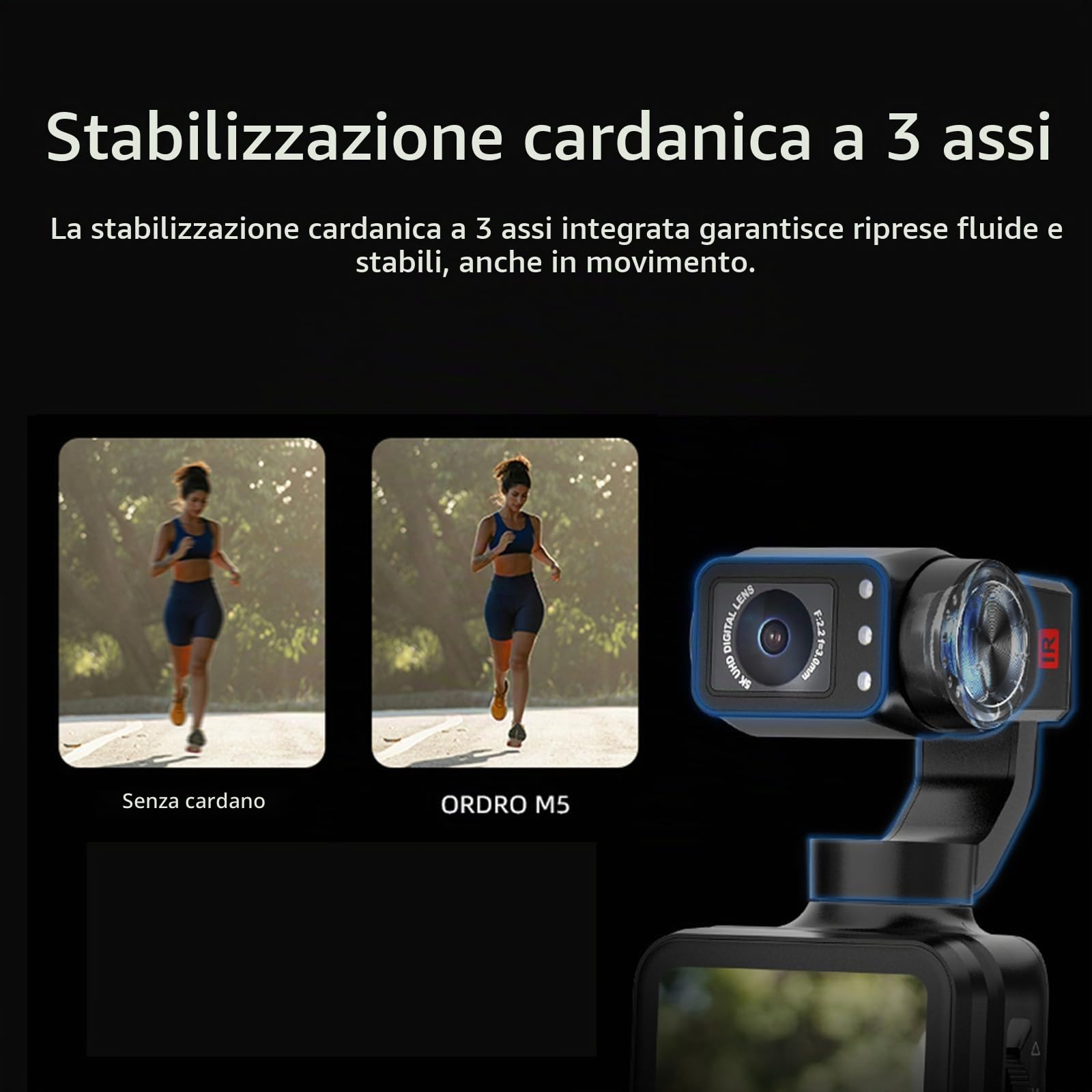 ORDRO M5 5K - Fotocamera da Vlogging con Stabilizzatore a 3 assi, angolo ultra ampio di 120°, visione notturna a infrarossi, schermo IPS girevole da 3,5", piccola videocamera da Vlog con scheda SD da