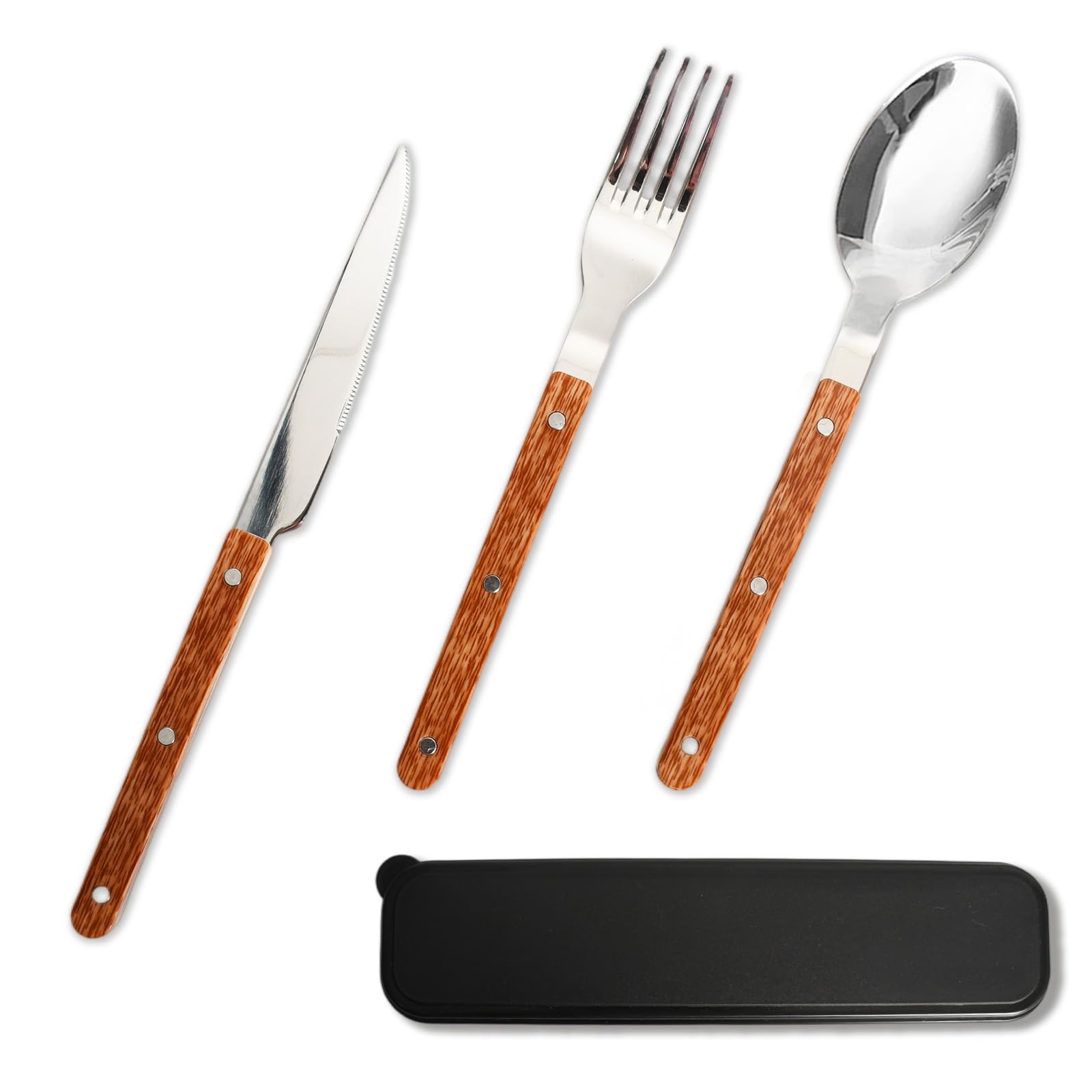 Kaiyzo 430 Stainless Steel Cutlery Set, Knife Fork Spoon Set with Riveted Faux Wood Handles, Reusable Cutlery for Lunch and Travel, Includes Black Storage Box