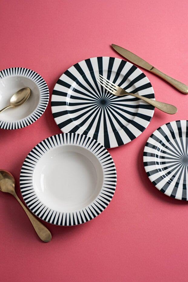 Elegancki 24-częściowy serwis obiadowy, 100% porcelana, w zestawie talerze do serwowania, miski i talerze deserowe, można myć w zmywarce i używać w kuchence mikrofalowej