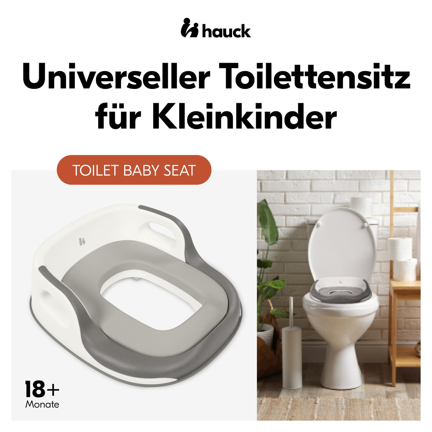 hauck Toilet Baby Seat, Grau - Universeller Toilettensitz für Kinder ab 18 Monaten, Einfache Befestigung an der Toilettenbrille, WC Aufsatz Einfach Abwischbar
