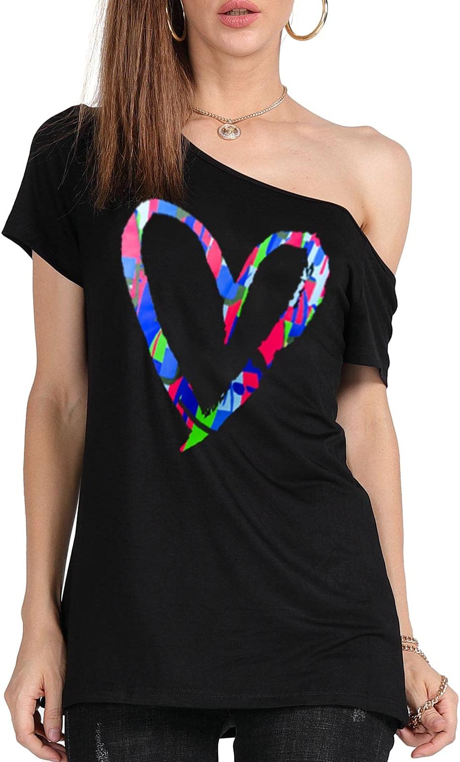 MAGICMK Women’s Short Lips Print Causal Off The Shoulder Plus Size T-Shirt Tops - Image 2