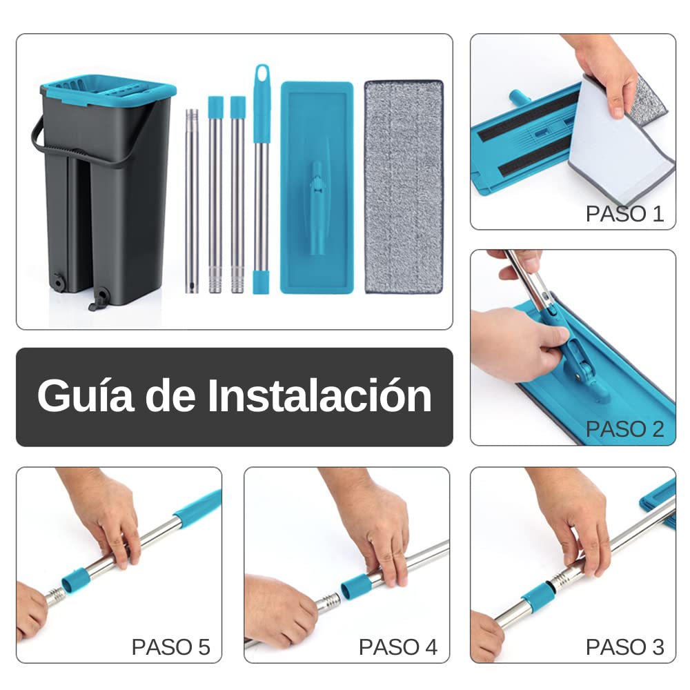 Mopa para Limpiar Azulejos Paredes Suelos Fregona Mopa con Cubo Escurridor Fregona Plana Cubo con 6 Almohadillas Autoescurrible Madera Parquet Ventanas Mop Bucket Gamuza Trapeadora