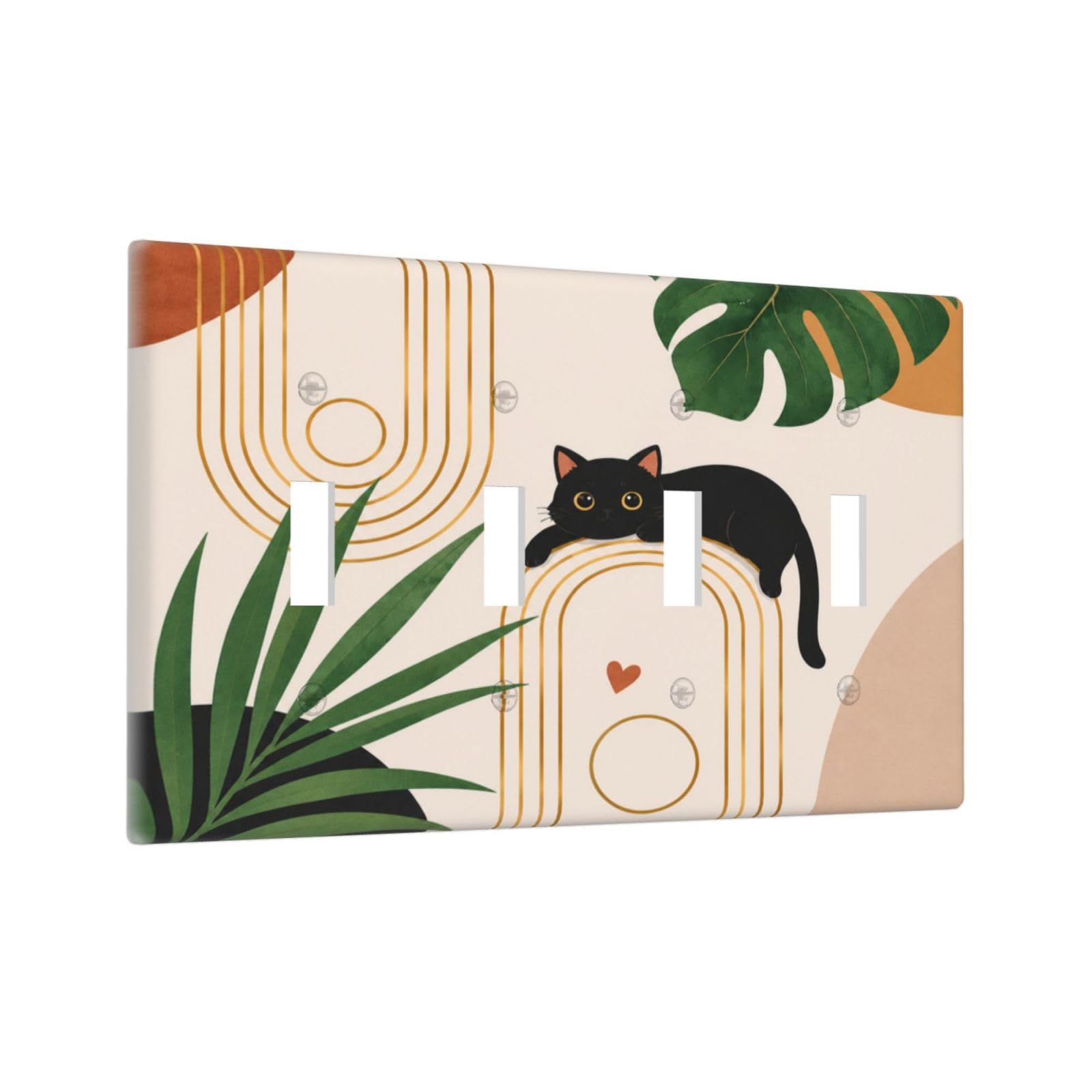 Thsanju Boho Tropical Leaves Black Cat Outlet Covers Quad Toggle Light Switch Covers Decorative Mid Century Modern 4 Gang Wall Plate 4 Hole Electrical Device Switchplate Faceplate For Home Decor