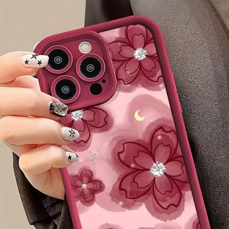 Image of COVERLY Red Floral Back Case Cover for iPhone 12 Pro | 3D Sparkle Diamond Flower Cute Design | Camera Lens Protection | Soft TPU Silicone Aesthetic Print Cover for Girls & Women (Red, Shockproof)