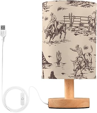 Bedside Lamp West Cactus Cowboy Table Lamp for Bedroom LED Nightstand Lamp Shade USB Ports Wood Base for Living Room Dorm Office