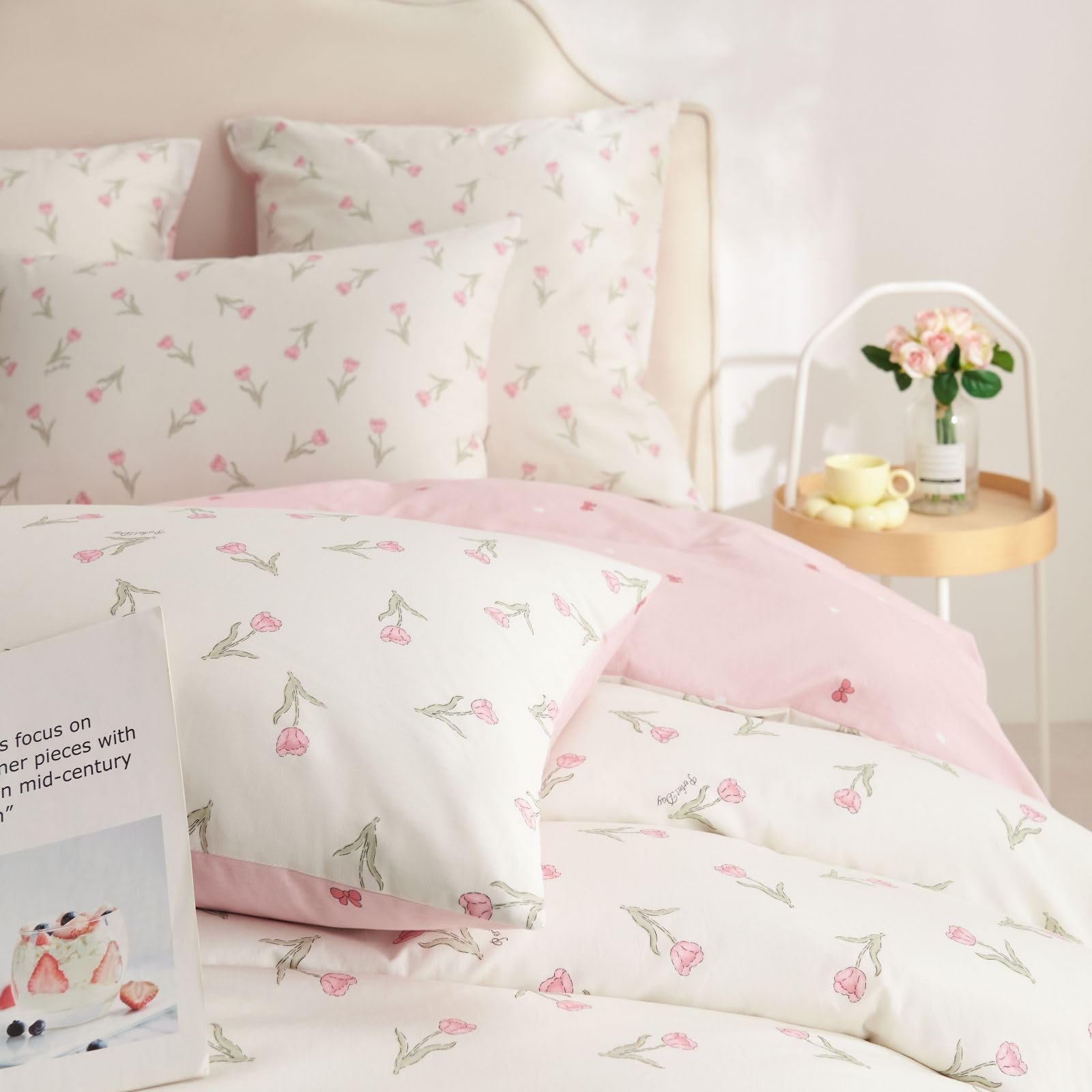 Freyamy Blumen Bettwäsche 135x200cm 2teilig Baumwolle Weiß Rosa Grün Floral Blätter Pflanzen Bettwäsche Blumenmuster Mädchen Bettbezug mit Reißverschluss und Kissenbezug 80x80cm